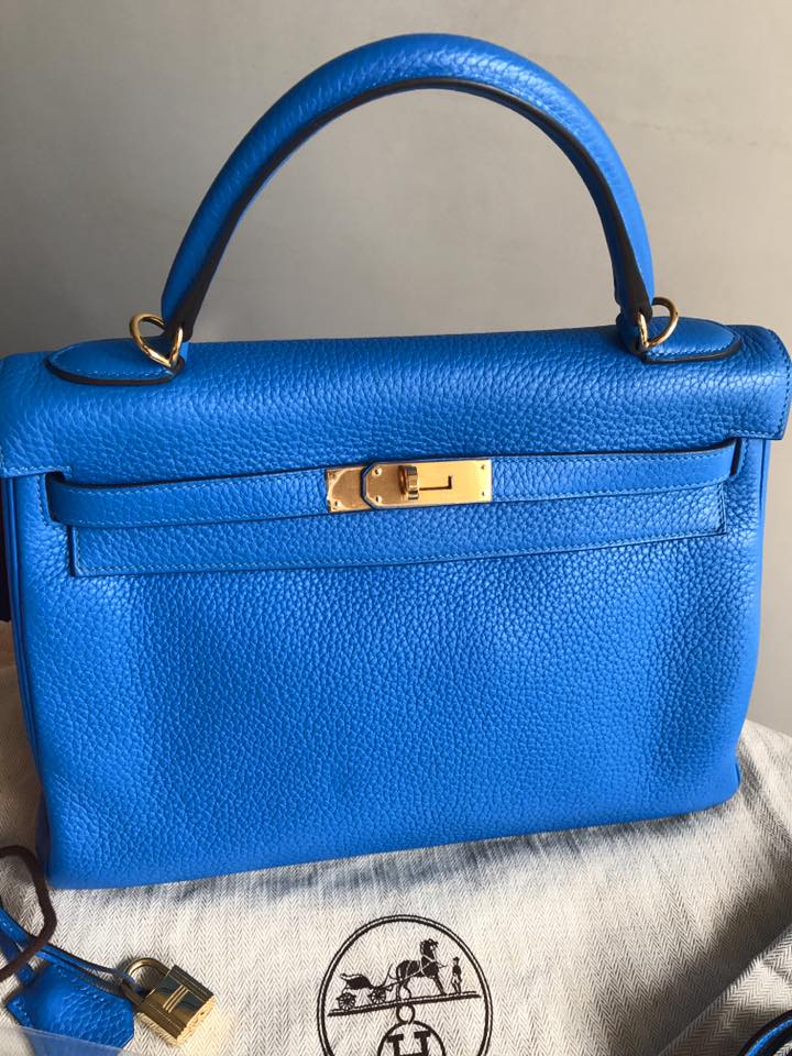 Authentic Hermes Kelly 32 BLUE HYDRA GHW #083115-520